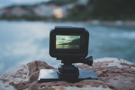Small action camera shooting time-lapse on sunset.