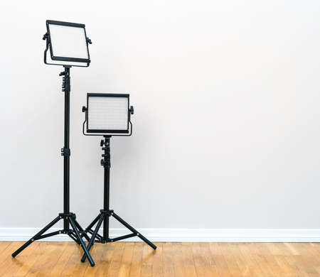 Two led lamps standing on the floor. Video light.の写真素材