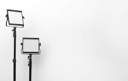 Two led lamps. Video light. Place for text.の写真素材