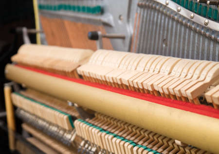 Close-up view of hammers and strings inside the piano.の写真素材