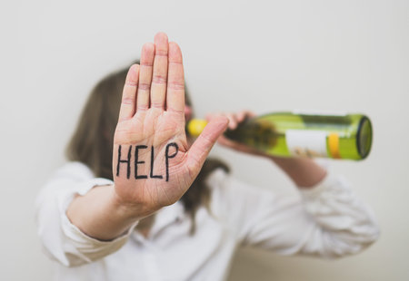 Alcoholism concept. Woman drinking bottle of wine.