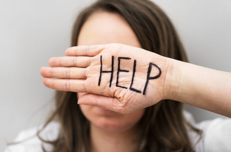 Depressed woman holding hand in front her face. Social problems concept.