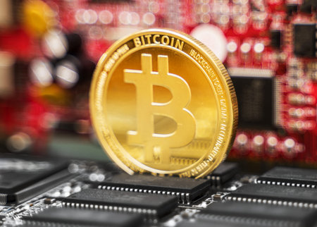 Golden bitcoin and video card. Cryptocurrency mining concept.