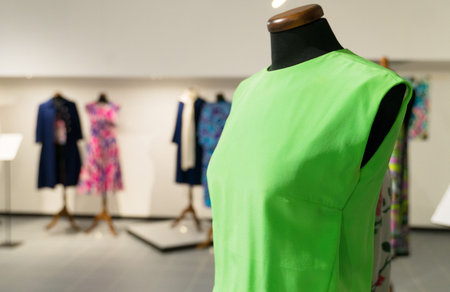 Collection of new dresses on mannequins in showroom.
