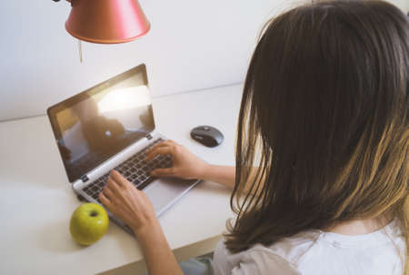 Woman working on a computer in a hotel. Rear view.の写真素材