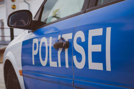 Estonian police car on the street. Close-up view.の写真素材