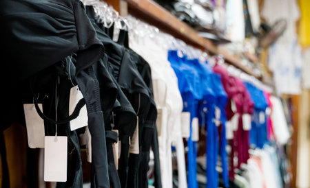 Many female swimsuits in supermarket. Close-up view.
