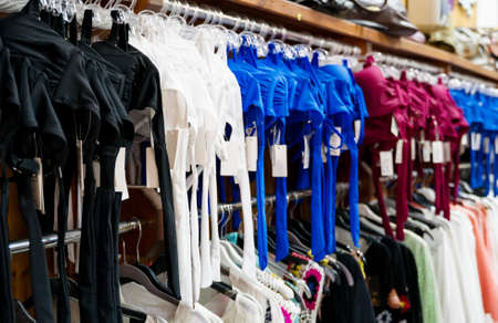 Many female swimsuits in supermarket. Close-up view.の写真素材