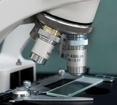 Close-up view of microscope in the laboratory.の写真素材
