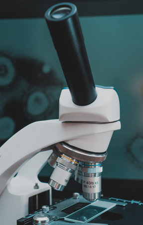 Close-up view of microscope in the laboratory.の写真素材