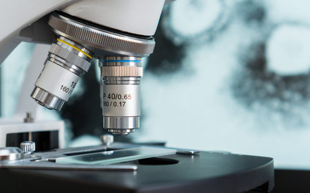 Close-up view of microscope in the laboratory.