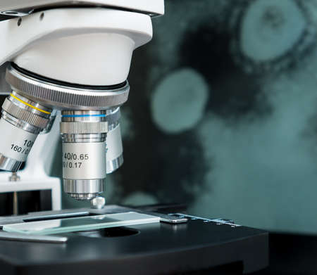 Close-up view of microscope in the laboratory.の写真素材