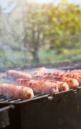 The grill season is open. Grilled sausages on backyard.の写真素材
