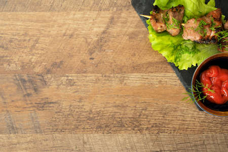 Shashlik with vegetables and ketchup. Top vew.の写真素材