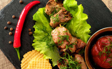 Shashlik with vegetables and ketchup. Top vew.の写真素材