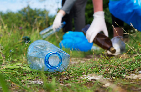 Volunteers collecting bottles in the forest. Environment pollution concept.