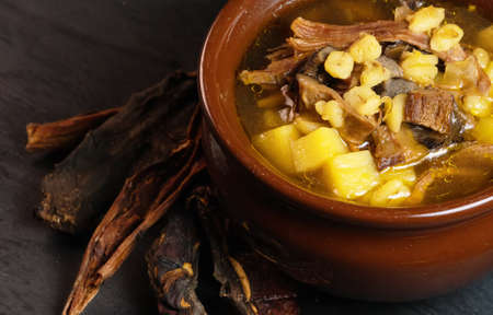 Soup with meat, potatoes, pearl barley and porcini mushrooms.の写真素材