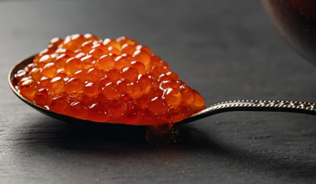 Close-up view of red caviar in spoon.
