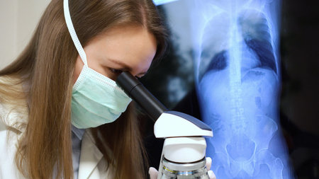 Scientist in medical mask in laboratory. Chest x-ray film on background.