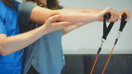 Physical therapist helping to do exercise with resistance bands. Medical homecare.