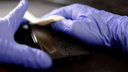 Hand in protective glove with napkin cleaning mobile phone. Covid-19 disinfection concept.