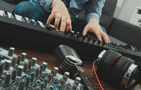 Man playing the piano in studio, recording new song.