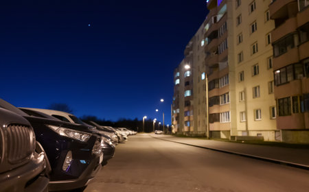 Outdoor parking lot at night in Lasnamae, Tallinn.の写真素材