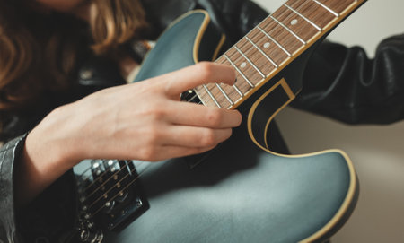 Girl playing on the semi-acoustic guitar.の写真素材