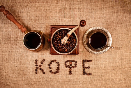 Roasted coffee beans arranged in letters Coffee in russian.の写真素材