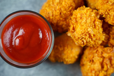 Fried crispy chicken nuggets with ketchup. Top view.の写真素材