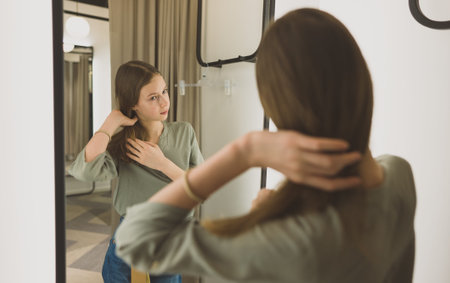 Tween girl standing in fitting room in clothing store.