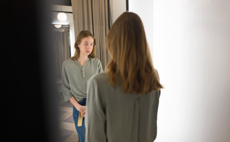 Tween girl standing in fitting room in clothing store.