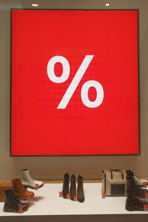 Big discount sign in a shoe store.