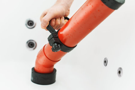 Plumber unclogging bathtub with professional force pump cleaner.