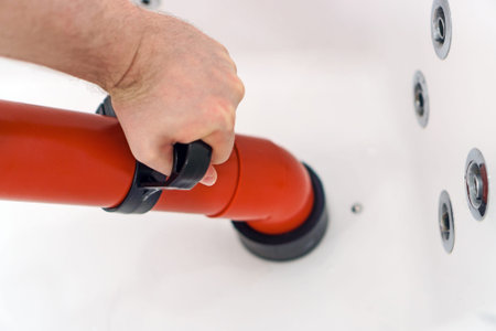 Plumber unclogging bathtub with professional force pump cleaner.