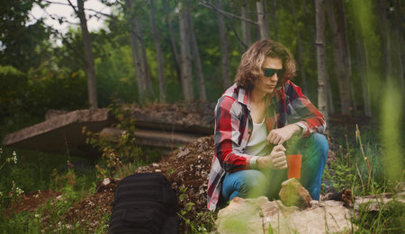 Man sits in front of bonfire in the forest.