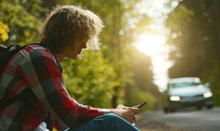 Male tourist sitting near the road with mobile phone.の写真素材