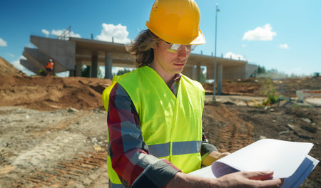 Construction engineer with documents on road junction construction site.