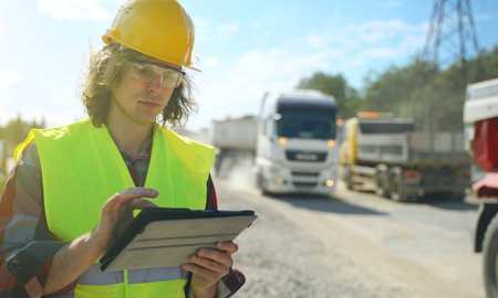 Builder with tablet pc at road junction construction site.