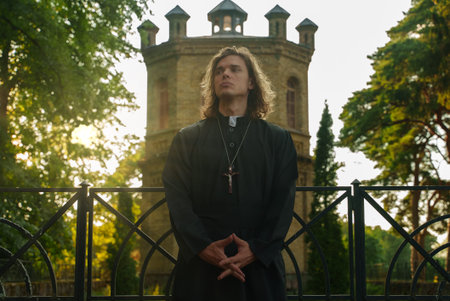 Christian priest with cross standing by the church.