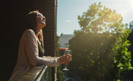 Woman in sunglasses enjoying white wine on the balcony.