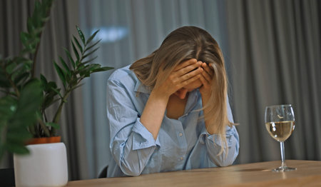 Woman suffering from depression and drinking alcohol.の写真素材