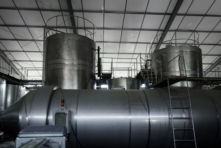 Modern wine factory interior with reservoirs.