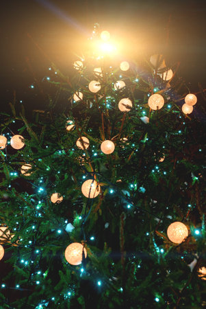 New Year tree with balls in the park.
