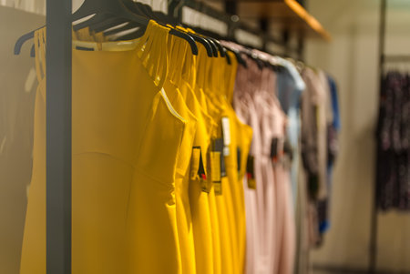 Collection of women's evening dresses in clothing store.の写真素材