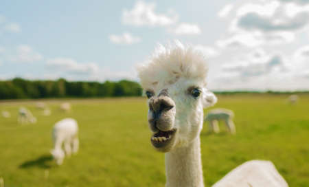 Portrait of white alpaca in a summer meadow.の写真素材