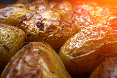 Macro view of baked potatoes with dill.の写真素材
