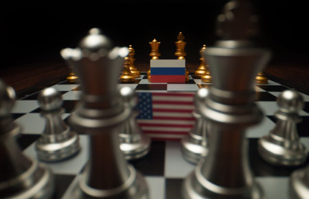 Chess board game. Concept of political conflict between USA and Russia.