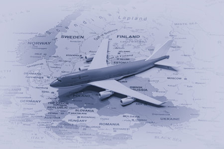 Air travel concept. Toy airplane model on the map of Europe.