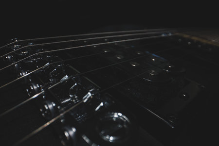 Six-string electric guitar bridge and saddle.の写真素材